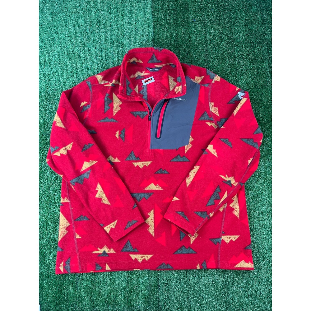 Eddie Bauer First Ascent Mens XL Red Mountain Print Fleece Quarter Zip Pullover